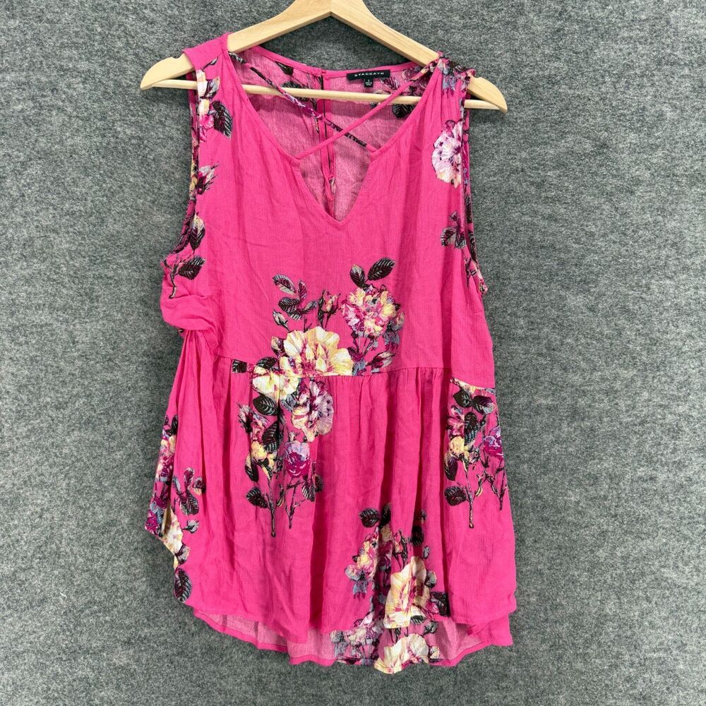 Staccato Blouse Women L Large Pink Floral V-Neck Sleeveless Wide Strap Hook&Eye